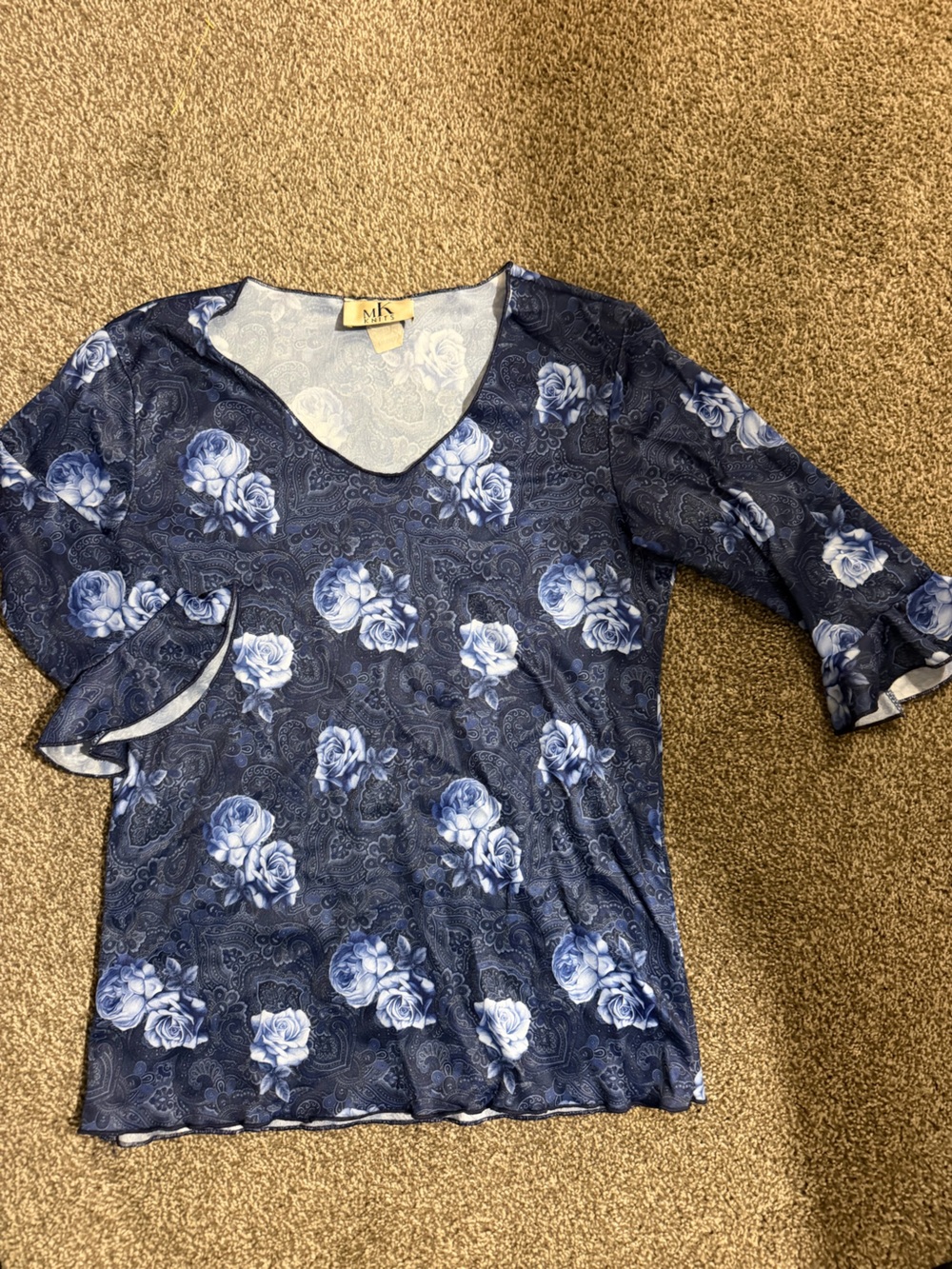 Navy Floral V-Neck Blouse with Blue Roses
